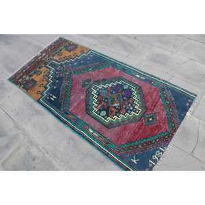 Turkish Rug 2.9x5.7 ft, <b>Red</b> Blue Solid <b>Wool</b> Vintage Rug - Product Image 2