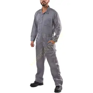 男士优质灰色机械安全服 -- 长袖连身衣，带可调袖口，混纺面料