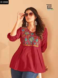 Indian Ethnic Wear Short Cotton Silk <b>Tops</b> in Heavy Embroidery Multi Color Ready to Wear Short Fancy Kurtis with Plus Size - Product Image 5