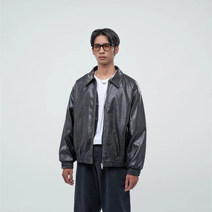 Chaqueta Bomber de Cuero PU para Hombre FILLIP J, Cuello Camisero, Cierre de Cremallera, Manga Regular, Color Sólido, Estilo Otoñal - Product Image 2