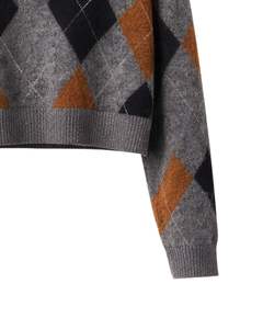 Pull Polo Court en Tricot Argyle Gris Brun Personnalisé pour Femmes Manches Longues Patte de Boutonnage Doux Hiver Casual Mode Haut OEM - Product Image 6