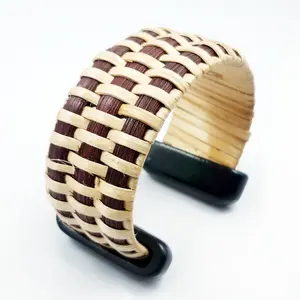 Wholesale fashion bamboo wood rattan bangle bracelet With Black Resin Cap Customized Color woven handmade jewelry