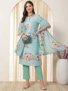 Kurta recto de seda con cuello de ojo de cerradura estampado Floral verde marino con pantalón y Dupatta para mujer producto a granel personalizado para mujer - Product Image 4
