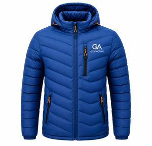 <b>GYM</b> ACTIVE Men's Blue Shiny Hooded Puffer <b>Jacket</b> Windproof Quilted Polyester Winter Casual Outdoor Wear Front Logo Embroidery - Product Image 1