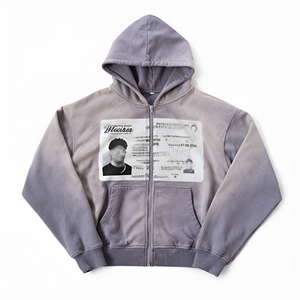 Men’s Vintage Grey <b>Zip</b> <b>Up</b> <b>Hoodie</b> with Abstract Document Style Graphic Print, Washed Finish, Long Sleeve Casual Streetwear Top - Product Image 1