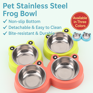 Karikatür kurbağa çift hayvan mama kabı kaymaz çıkarılabilir paslanmaz çelik yemekleri otomatik küçük köpekler kediler için besleyiciler yapılan PP PC malzeme - Product Image 5