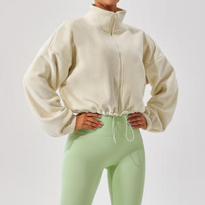 Sudadera con capucha y cremallera recortada para mujer, ropa deportiva de grosor polar, suéteres de invierno sólidos, abrigo para correr con cordón, traje de entrenamiento - Product Image 2