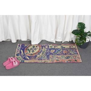 Vintage 1.5X3.1 ft Bleu Beige Turc Laine Tapis À La Main Grande Surface Rectangle Abstrait Patchwork pour Couloir Chambre Décor Latex - Product Image 4