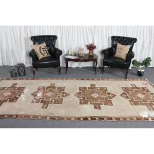Vintage <b>Brown</b> Beige <b>Wool</b> Rug 5.7 X 12.6 ft Handmade Classic Turkish Rectangle Patchwork Design Latex Bedside Rugs for Teens - Product Image 3