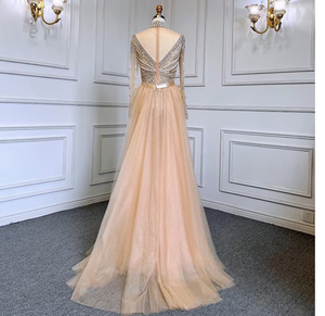 แชมเปญทองแขนยาว Gatsby ชุดแต่งงานนางเงือกมุสลิมชุดราตรีหรูหราพู่ลูกปัด Gowns วินเทจอย่างเป็นทางการ P
