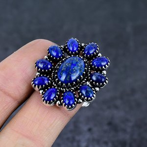 Natural Lapis Lazuli Flower Cluster Ring Alloy 925 Silver Plated Vintage Style Party Unisex <b>Gift</b> PEAR Shape Blue Gemstone - Product Image 2