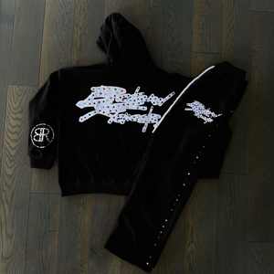 High Quality Rhinestones Acid Wash Flare Sweatpants <b>Zip</b> <b>up</b> <b>Hoodie</b> 2 Piece Set Unisex Rhinestone Vintage Acid Wash Men's Suit - Product Image 4