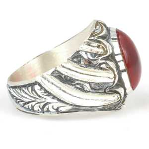 925 Sterling Silver Handcrafted Men's <b>Adjustable</b> <b>Ring</b> with Red Pressed Amber Stone and Pen Design Bezel Setting Inlay Gift - Product Image 3