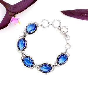 Blue Sapphire Quartz <b>Bracelet</b> Bangle Oval Faceted Cut <b>Gemstone</b> Adjustable German Silver Charm Multi Blue Sapphire <b>Bracelet</b> - Product Image 1