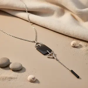 Collier pendentif en argent 925 avec onyx pour femmes, bijoux religieux orthodoxes géométriques minimalistes, perle d'eau douce, diamant, rhodium - Product Image 1