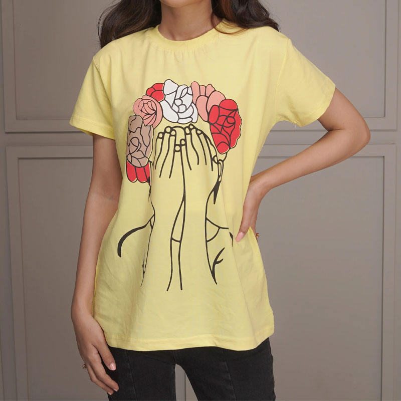 Wholesale Women's Yellow Graphic T-shirt Latest Design Casual Wear Trendy Floral Hands Print Casual Tee With Round Neck