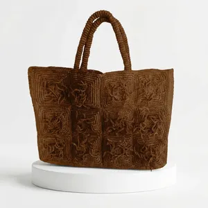Sac fourre-tout en crochet bleu avec motif géométrique brodé, style bohème, plage d'été, deux poignées, fermeture à glissière, doublure en coton - Product Image 5