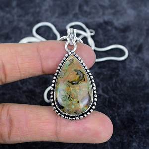 Rhyolite <b>925</b> <b>Sterling</b> <b>Silver</b> Pear Shape Gemstone Fine Pendant Necklace <b>Chain</b> Necklace For <b>Men</b> Women Anniversary Pendant Necklace - Product Image 2
