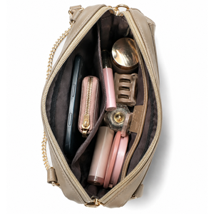 Sac bandoulière carré de luxe en cuir végétalien brodé floral - Petit format, fermeture éclair étanche, sangle chaîne marron, capacité 1-1,9 L - Product Image 3