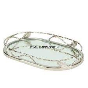 Marco chapado en oro de alta calidad de diseñador de cadena de lujo único de metal resistente con bandejas de servicio de restaurante y hotel de espejo de vidrio - Product Image 5