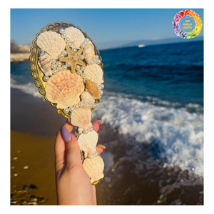 Espejo de monedero náutico, compacto con núcleo de sirena con conchas y perlas reales, espejo de concha de sirena ovalada con núcleo de sirena - Product Image 6