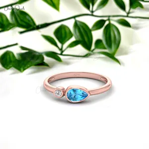 Swiss Blue Topaz 6x4mm Pear Cut Gemstone Ring 14k Solid Gold White Diamond Handmade Ring Fine Jewelry at Factory Wholesale Price