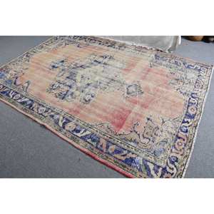 Alfombra turca vintage clásica beige azul 5,9x8,5 pies lana hecha a mano respaldo de látex diseño de retazos estilo Tabriz para adolescentes - Product Image 4