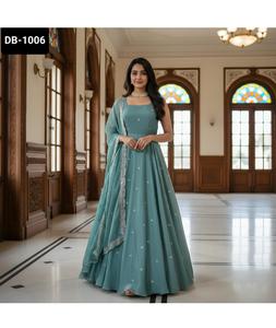 Vêtements ethniques indiens Fandy Satin matériel prêt à porter Anarkali robes avec broderie séquence Zari mariage Festival porter des robes - Product Image 1