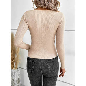 Suéter informal de punto acanalado para mujer con cuello en V profundo y detalle de botones - Product Image 3