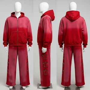 Survêtement décontracté pour homme avec logo personnalisé, sweat-shirt à capuche zippé, pantalon de survêtement ample à jambes larges, effet délavé au soleil, survêtement unisexe - Product Image 1