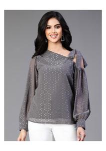 Haut chic décontracté en crêpe à manches cloche avec motif floral et détails de boutons à la mode Pièce de déclaration parfaite teinte unie - Product Image 2