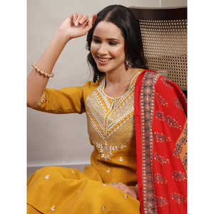 Women's Pure <b>Silk</b> Round Neck Straight <b>Kurta</b> & Trousers with Dupatta Mustard Embroidered Indian & Pakistani Clothing - Product Image 4