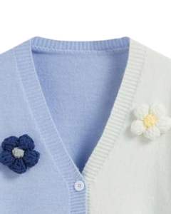 Manufacturer Custom Women Light Blue & Knit <b>Cardigan</b> Sweater <b>With</b> Multicolor Flower Applique V Neck Button Front Cute Winter Top - Product Image 4