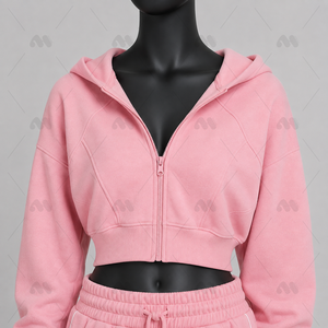 เสื้อสเวตเชิ้ตมีฮู้ดสีชมพูแบบครอปมีซิปพร้อมกางเกงจ็อกเกอร์เข้าชุด ใส่สบายๆ แบบลำลองสำหรับฤดูใบไม้ร่วง - Product Image 1