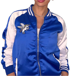 High Quality Coated Stand Collar Satin Embroidery Waterproof Windproof Bomber Jacket for Women - Product Image 1
