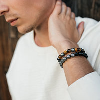 Bracelet unisexe réglable en acier inoxydable avec perles certifiées œil de tigre et agate argentée - Cadeau