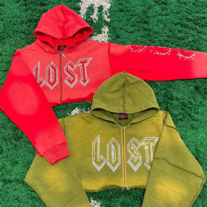 <b>Top</b> Selling <b>Men's</b> Rhinestone hoodies With Sun Faded Zip Hoodie 100% Cotton Boxy Fit <b>Cropped</b> Rhinestone Hoodie <b>For</b> <b>Men</b> - Product Image 2