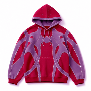 Custom Heavyweight <b>Red</b> Grey Graphic Rhinestone Hoodie Oversized Streetwear Fleece Pullover <b>Sweatshirt</b> High Quality Manufacturer - Product Image 1