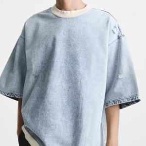 Camisa azul Vintage personalizada sólida informal para hombre, camisetas de peso pesado lavadas con cuello redondo, Camisetas estampadas de gran tamaño para hombre - Product Image 4