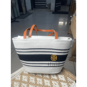 Bolso Tote de Yute Ecológico y Duradero para Mujer con Asas de Cuero y Cierre de Cremallera, Diseño a Rayas, 13x5x12 Pulgadas - Product Image 3