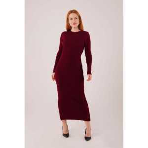 Vestido Bodycon Borgoña al por Mayor con Tejido Acanalado Largo y Elementos de Moda Sencillos - Product Image 2