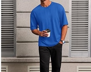 Camiseta de talla grande súper pesada de 220gsm gruesa y de gran tamaño con hombros caídos, camiseta de diseño de moda con ajuste cuadrado en blanco de Color azul liso para hombres - Product Image 3