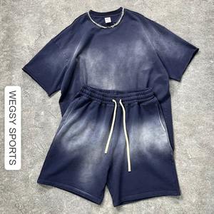 Shorts en coton épais délavé à l'acide pour homme, style été 2025, effet délavé au soleil, avec cordon de serrage et motif uni - Product Image 4