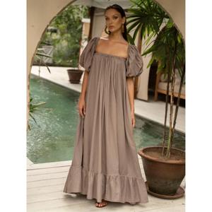 Vestido Maxi Bohemio Extra Grande, Ecológico, con Lazos, Manga Abullonada, Estilo Resort, Informal, Fluido, para Verano - Product Image 1