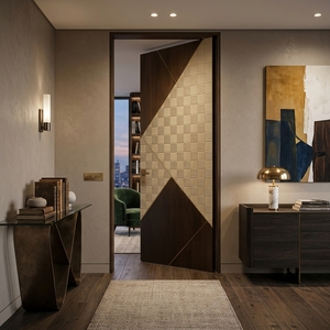 Porte intérieure moderne en bois de mahogany massif avec motif géométrique et finition foncée - Product Image 3