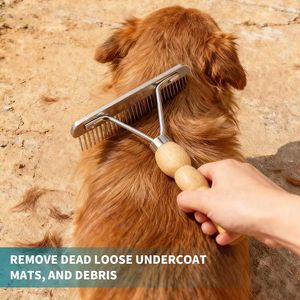 Stainless Steel Undercoat Rake with Anti-Slip Wooden Handle Eco-Friendly <b>Simple</b> Style Comb for Medium & Large Pets - Product Image 3