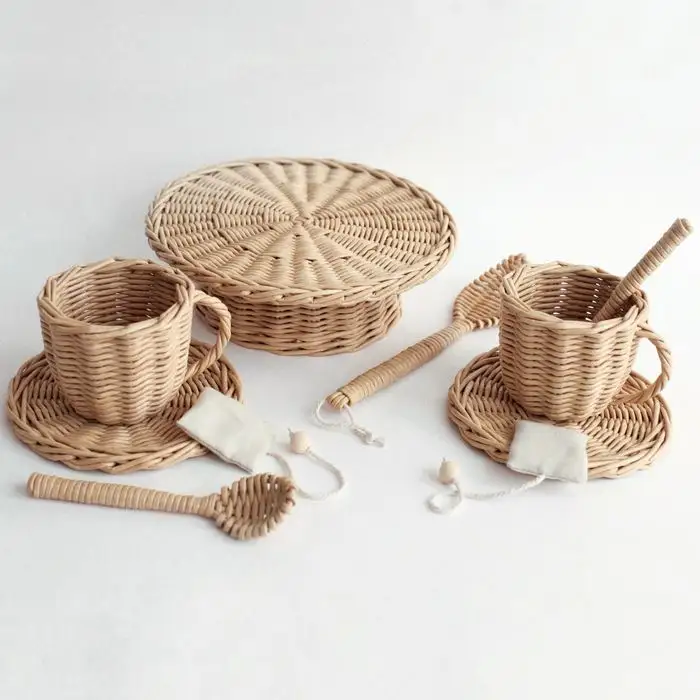 Yeni varış çocuklar Rattan çay seti rattan çocuk oyuncakları el yapımı Rattan demlik fincan seti bebek oynamak için bebek mobilya