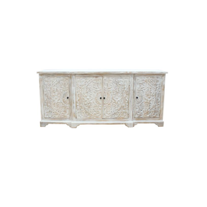 Modern 4-Door <b>Sideboard</b> Carved Mango Wood White Distressed Finish for Dining Bedroom Hotel Hospital Use Featuring <b>Storage</b> Design - Product Image 3