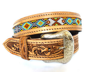 Unisex Cow Hide Genuine Leather Belt Hand <b>Tooled</b> with Custom Length Vintage Western Floral Designs Brass Buckle-Unisex - Product Image 1