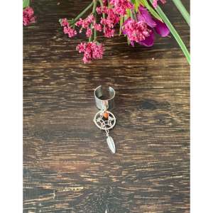 Navajo Crafted Fine Sterling Silver & Coral Dreamcatcher Ear <b>Cuff</b> Earrings - Product Image 1